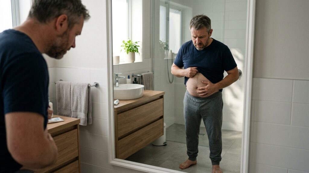 homem com barriga olhando no espelho após os 40